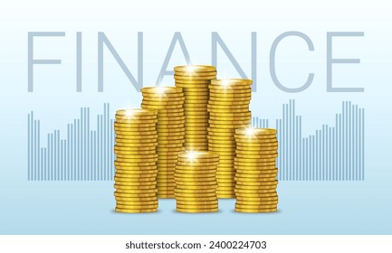 Cartel financiero de vectores. Monedas de oro 3d en pilas. Montones de fichas. Resalta radiantes brillantes.