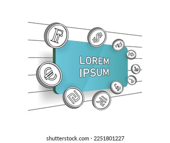 Plantilla de afiches financieros de vectores. Monedas de 3 d o fichas de diferentes monedas del mundo. Inscripción de Lorem ipsum. Icono económico.