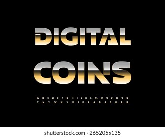 Vetor Promoção financeira Moedas digitais. Fonte dourada futurista brilhante. Letras alfabéticas maiúsculas de classe e números definidos. 