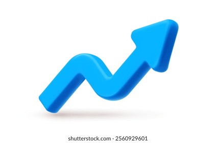 Vector financial realistic illustration of blue arrow graph on white background. 3d cartoon style design of graph of success strategy. Business arrow target growth up icon for banner, finance logo