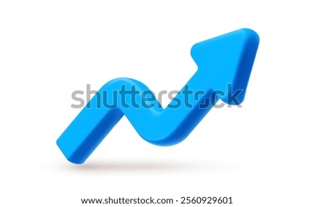 Vector financial realistic illustration of blue arrow graph on white background. 3d cartoon style design of graph of success strategy. Business arrow target growth up icon for banner, finance logo