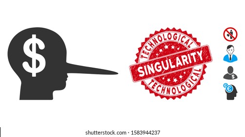 Vector financial scammer icon and grunge round stamp seal with Technological Singularity caption. Flat financial scammer icon is isolated on a white background.