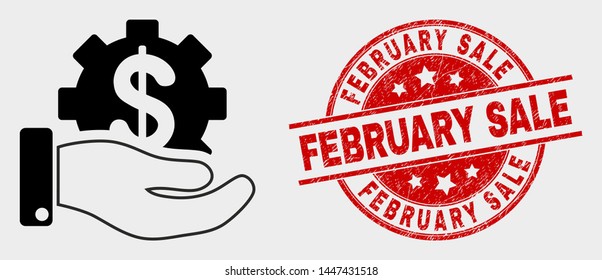 Vector financial service offer icon and February Sale seal stamp. Red rounded grunge seal stamp with February Sale caption. Vector combination for financial service offer in flat style.