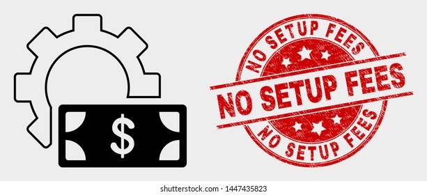 Vector financial settings gear icon and No Setup Fees seal. Red round distress seal stamp with No Setup Fees text. Vector combination for financial settings gear in flat style.