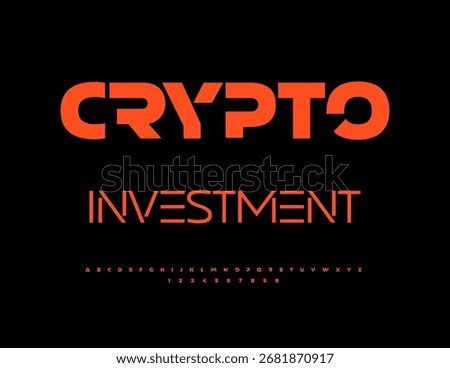 Vector Financial sign Crypto Investment. Typography Futuristic Red Font. Digital Dynamic Alphabet Letters and Numbers set.
