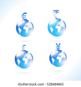 Vector Financial Theme. Global Economy, Isolated Glossy Blue Earth and Indian Rupee, Euro, Chinese Yuan Renminbi, UK Pound Symbols Illustration