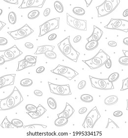 Vector financial thin line pattern with dollars isolated on white. Seamless finance texture background design with banknotes and coins