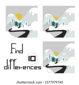 Vector find 10 differences puzzle with a winter landscape, small green house in the mountains. Quiz for children.