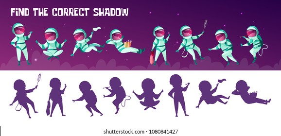 Vector find the correct shadow education children game. Correct silhouette matching test for preschool kids. Spacemen having fun playing games, drawing eating popcorn in outer space in spacesuit