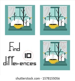 Vector find the differences puzzle. Leisure activity for kids. Picture of a window with a yellow cup on the windowsill.