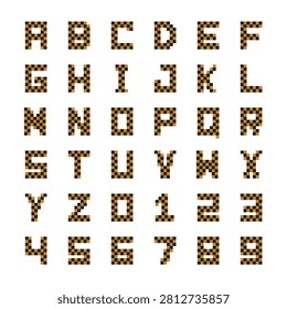Vector fine checkered luxe alphabet lettering set with uppercase A to Z letters and 0 to 9 numerals in black and gold, geometric letterforms for headlines, logos and posters.