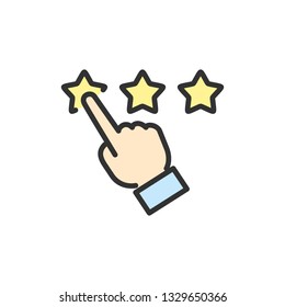 Vector finger point to stars, customer review, rating, feedback, reputation and quality flat color line icon.