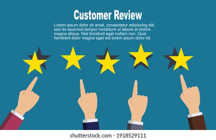 Vector of finger point to the yellow stars with wording of customer review and Lorem Ipsum in blue background, concept of review and rating