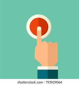 Vector Finger pressing on red button.  Push button flat style concept illustration. 