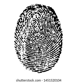 Vector fingerprint icon. Black finger print symbol isolated on white background. Thumbprint security unique id, Сrime identity illustration. Human thumb biometric pattern