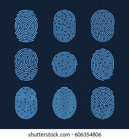 Vector Fingerprint Icons Set, Isolated Sci-Fi Future Identification Authorization System