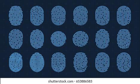 Vector Fingerprint Icons Set, Isolated Sci-Fi Future Identification Authorization System