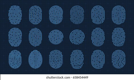 Vector Fingerprint Icons Set, Isolated Sci-Fi Future Identification Authorization System
