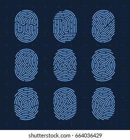 Vector Fingerprint Icons Set, Isolated Sci-Fi Future Identification Authorization System