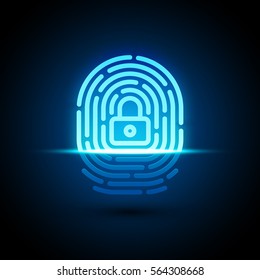 Vector fingerprint loop icon with lock glyph inside. App security illustration. Flat style icon isolated on white background.