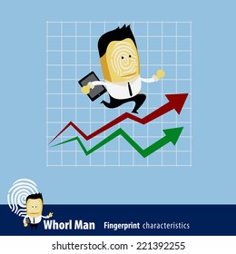 Vector of Fingerprint Man Characteristics Series. A businessman running up rising financial chart about to reach his profit goal.