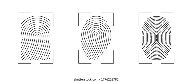 Vector Fingerprint Scanner Set. Security biometric thumb id identification set isolated on white background. Editable Stroke.