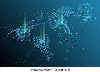 Vector fingerprint scanning symbol and electronic circuit protection on blue screen with map world, login security for technology background.