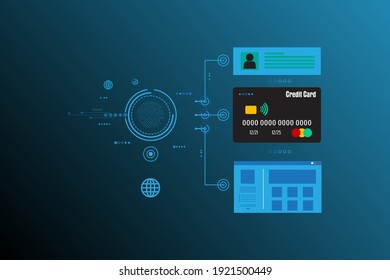 vector fingerprint scanning symbol with electronic circuit protection and credit card to login security to shopping online for technology background.