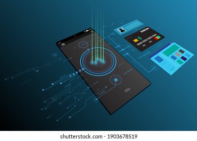 Vector fingerprint scanning symbol with password security and electronic circuit lock protection connect credit card to shopping online for business technology background.