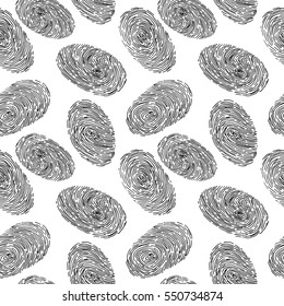 Vector fingerprint sketch seamless pattern design. Hand drawn outline illustration with human finger print in black and white colors