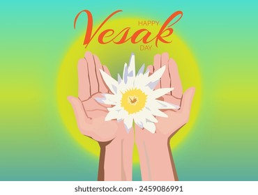 Vektorgrafik der Finger beider Hände, die eine wunderschöne Lotusblume hält, die blühend Vesak Day Hintergrund hellgrüne Neigung