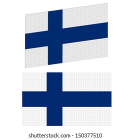 Vector Finland flag of square blocks under plastic. Central projection and isometric.
