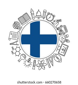Vector Finland school background, with black linear icons on white. Education of Finland pattern with modern line style icons and Finnish flag.