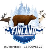 Vector Finland winter forest emblem with bear, reindeer and elk