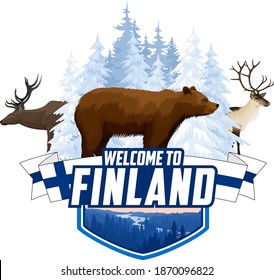 Emblema del bosque invernal de Finlandia vectorial con oso, reno y alce