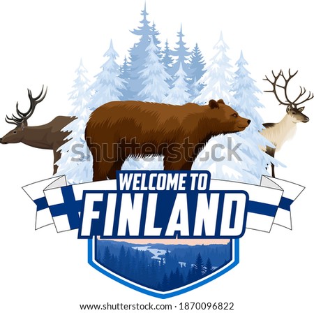 Vector Finland winter forest emblem with bear, reindeer and elk