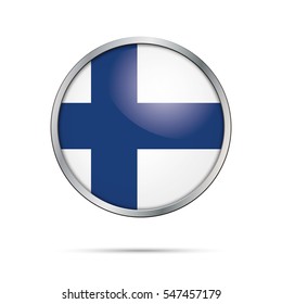 Vector Finnish flag Button. Finland flag glass button style with metal frame.