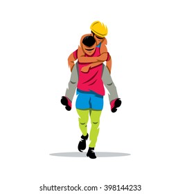 Vector Finnish jogging with their wives. Cartoon Illustration. Man carries his girlfriend on his back Branding Identity Corporate unusual Logo isolated on a white background
