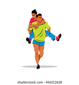 Vector Finnish jogging with their wives. Cartoon Illustration. Man carries his girlfriend on his back. Unusual Logo template isolated on a white background