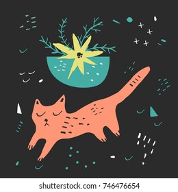 Vector finny cat and plant. Poster, postcard, stickers, print, illustration, elements for design and other.