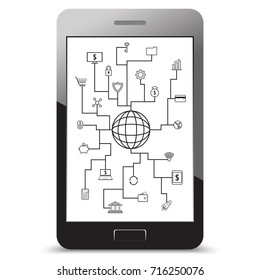 Vector Fintech Line Icons Around A Globe Involving In Financial Technology, Banking, And Investment With White Background On A Realistic Smartphone Screen.