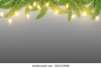 Vector fir branches and Christmas lights. Glowing realistic garland for New Year Holiday cards, banners, posters