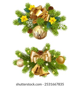 Vector Fir Branches Concept with Golden Bow isolated on white background