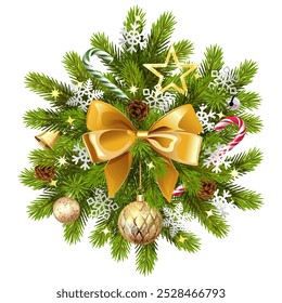 Vector Fir Decor with Golden Bow and Bauble isolated on white background