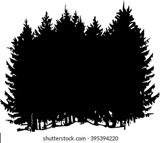 vector fir forest, black silhouette of conifer trees, hand drawn illustration