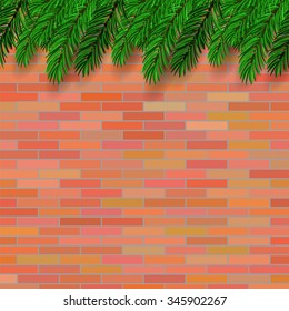 Vector Fir Green Branch  on Orange Brick Background