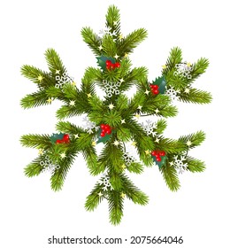 Vector Fir Snowflake with Mistletoe isolated on white background