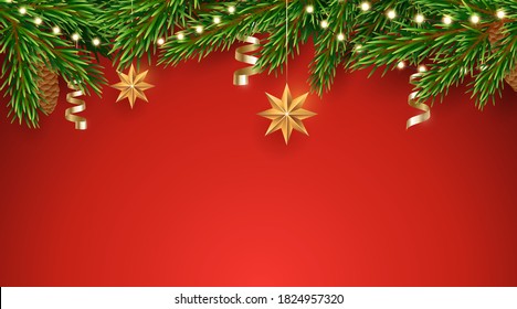 Vector fir tree border with a garland of light bulbs and hanging Christmas decorations. Horizontal red background with pine branches border. Traditional Xmas decor. Design element for winter holidays.