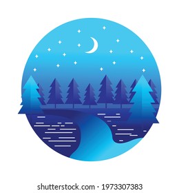 VECTOR FIR TREES IN THE RIVER AT NIGHT. WITH A FLAT COLOR. FOR WALLPAPERS, BANNERS AND WEB DESIGN