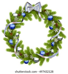 Vector Fir Wreath with Blue Decorations